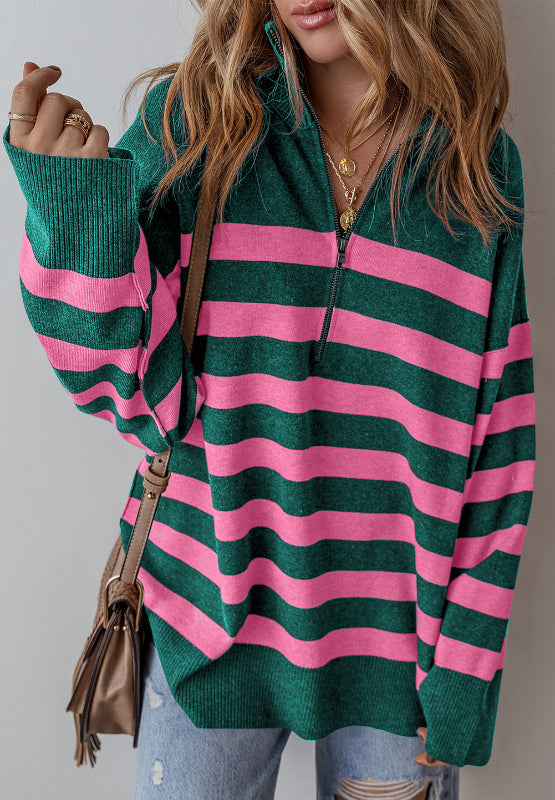 Outfit Flow - Contrast Striped Quarter Zip Long Sleeve Sweater