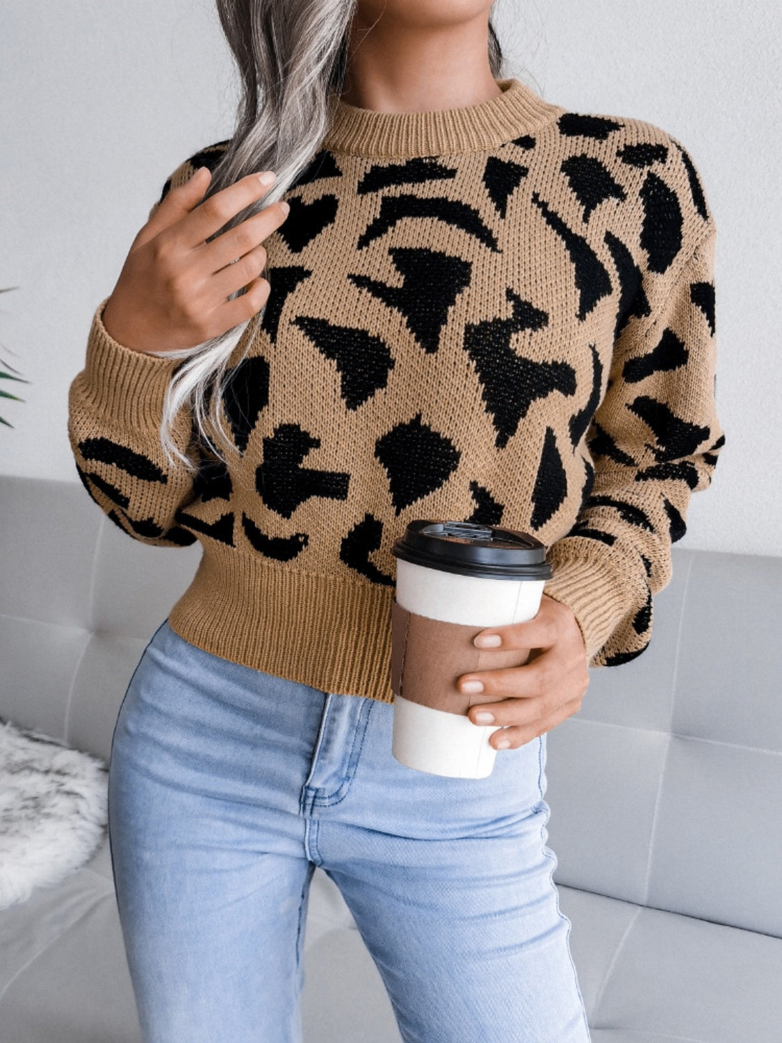 Outfit Flow - Leopard Round Neck Dropped Shoulder Sweater