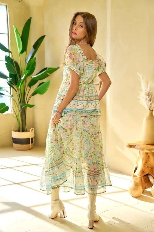 Davi & Dani Spring Floral Border Print Ruffled Textured Top OutfitFlow