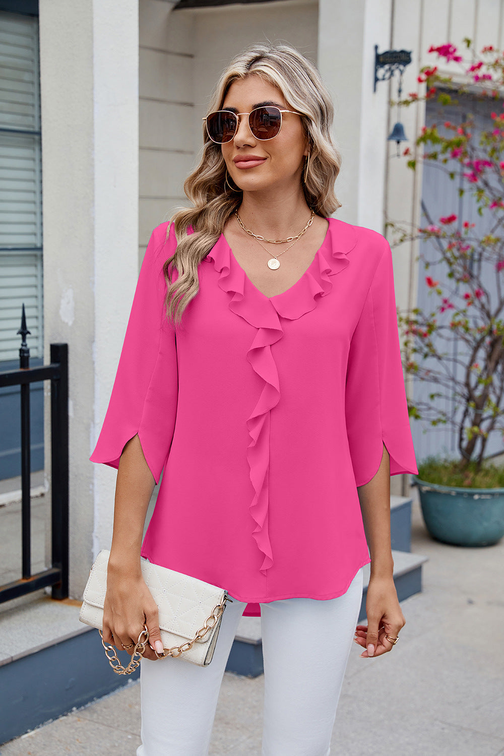 Outfit Flow - Ruffled V-Neck Three-Quarter Sleeve Blouse