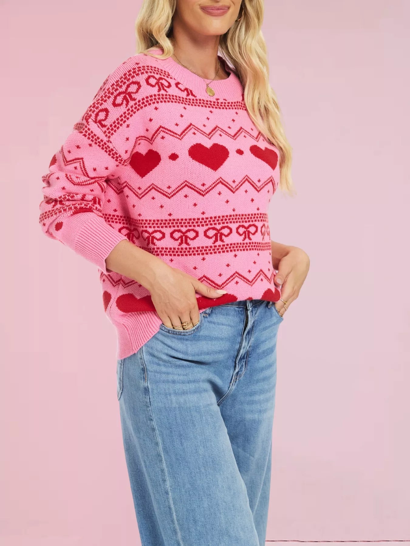 Heart & Bow Pattern Round Neck Sweater OutfitFlow