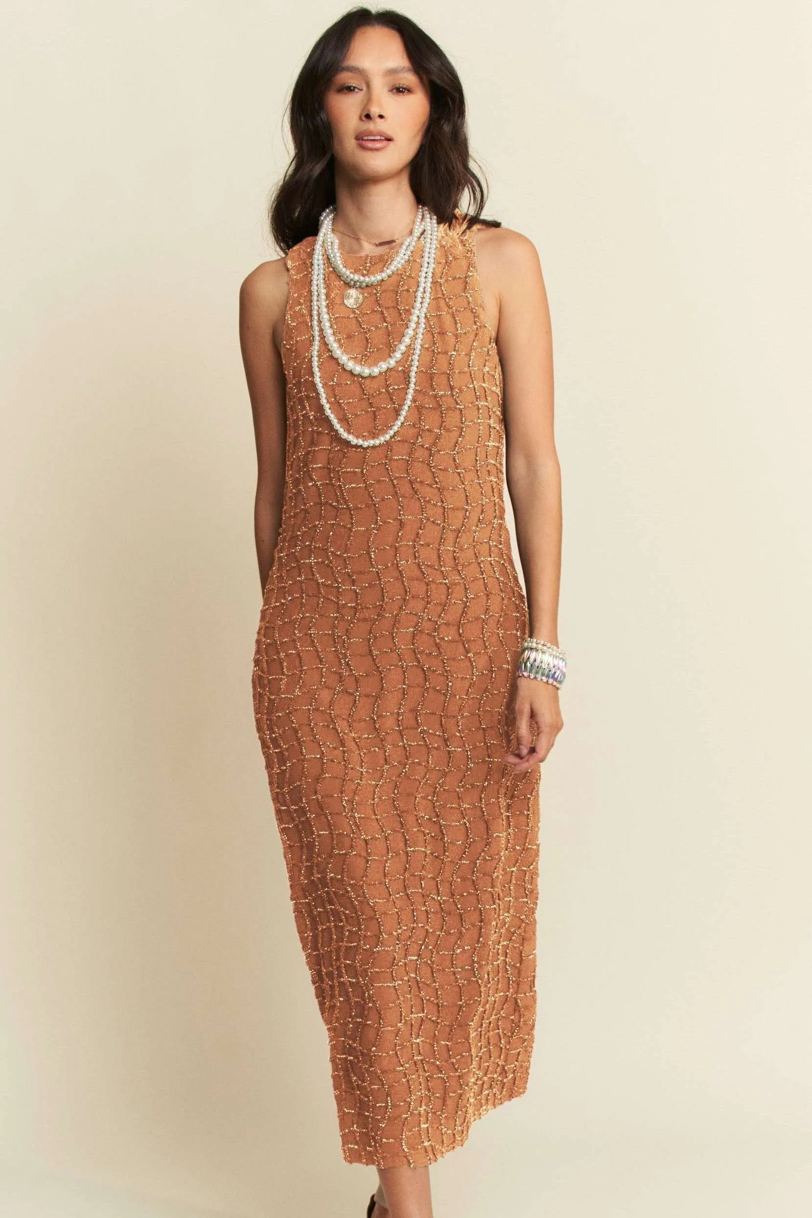 Davi & Dani Golden Textured Zippered Midi Dress OutfitFlow