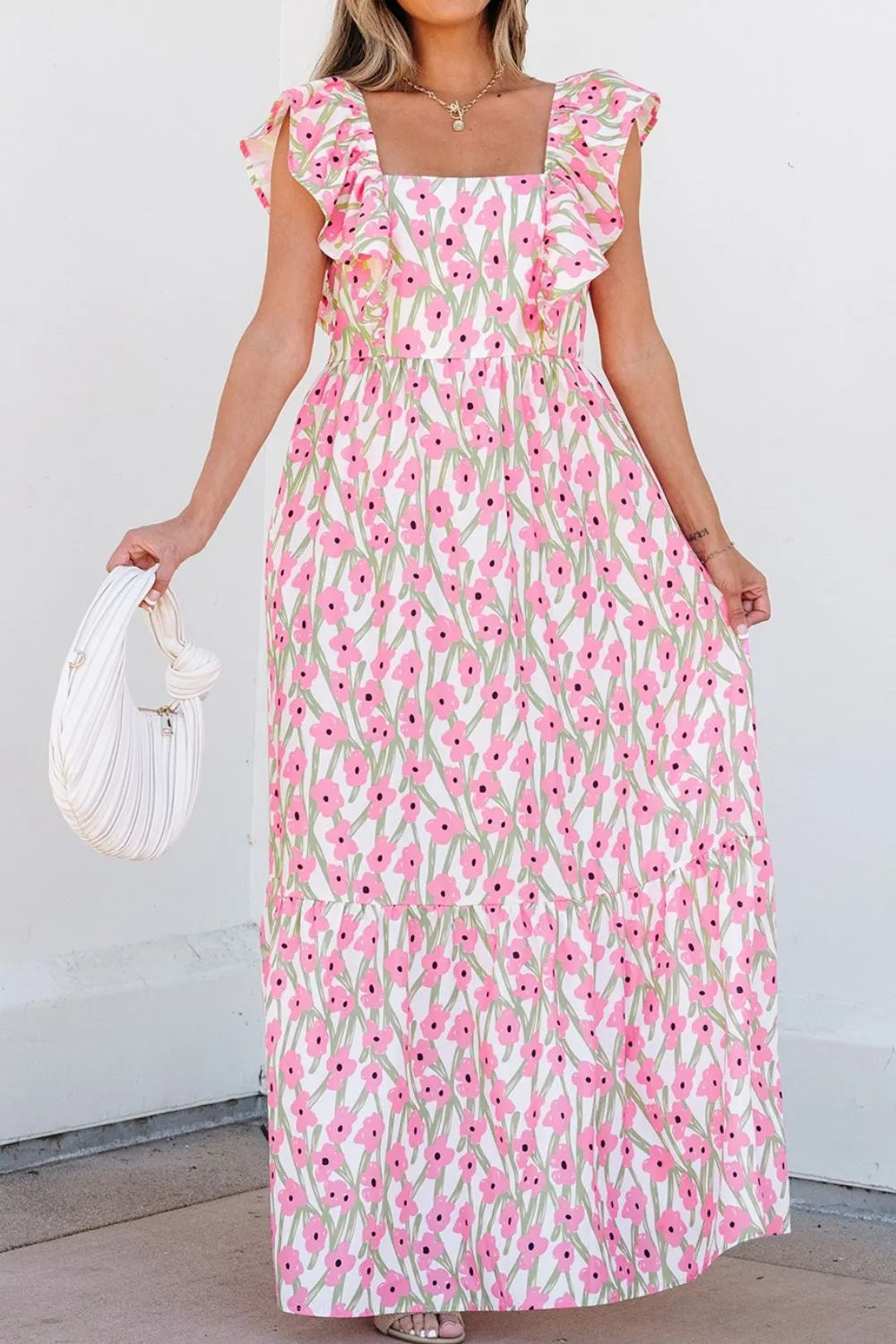 Floral Print Square Neck Ruffled Cap Sleeve Maxi Dress OutfitFlow