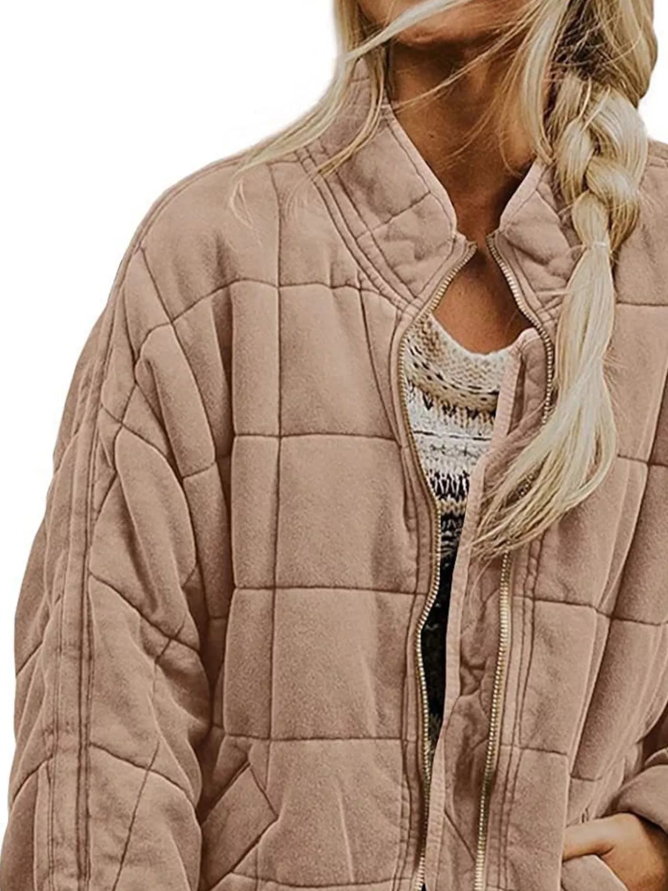 Full Size Zip Up Quilted Bomber Jacket Plus Size Trendsi