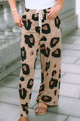 Outfit Flow - Leopard Drawstring Wide Leg Pants with Pockets