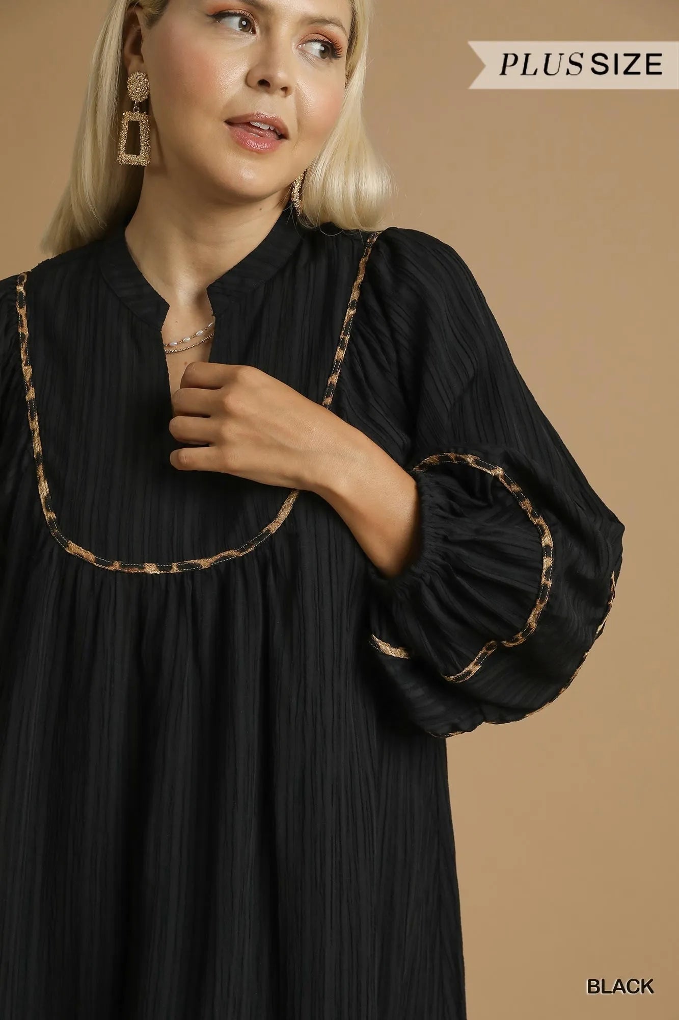 Umgee Full Size Textured Babydoll Dress with Leopard Trim Plus Size OutfitFlow