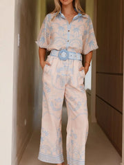 Printed Button Up Shirt and Pants Set Blue OutfitFlow