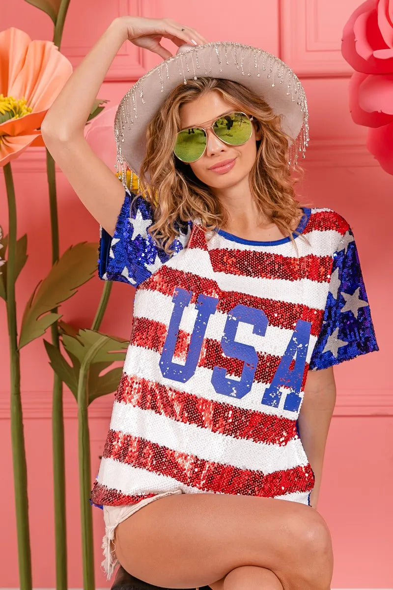 BiBi American Flag Theme USA Lettering Sequin Top OutfitFlow