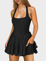 Crisscross Back Square Neck Mini Dress OutfitFlow