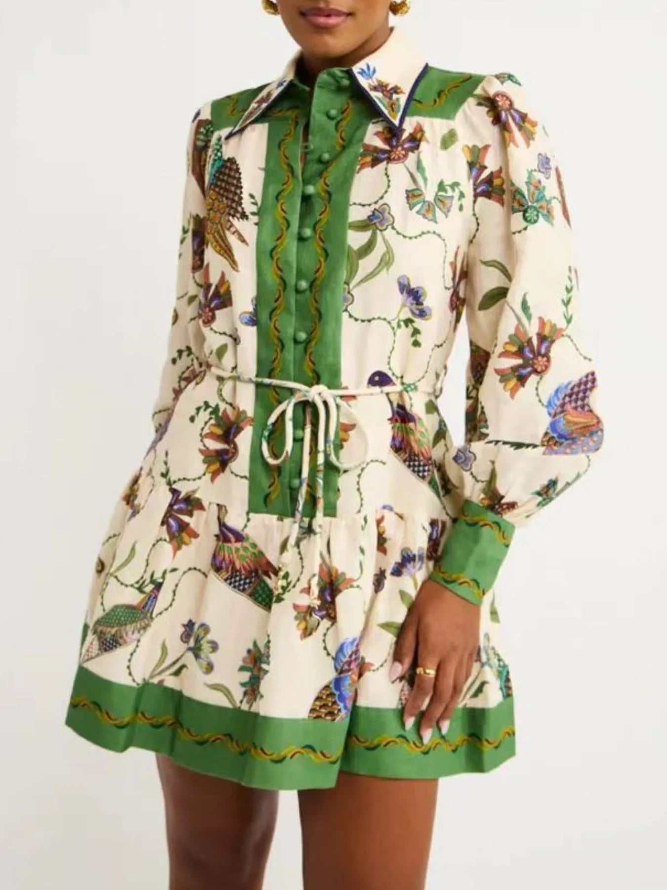 Printed Lantern Sleeve Shirt Dress OutfitFlow