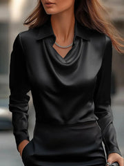 Full Size Collared Neck Long Sleeve Blouse Plus Size Black OutfitFlow
