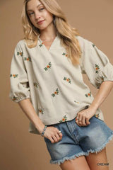 Umgee Corduroy Floral Embroidered Puff Sleeve Blouse Cream Trendsi