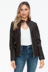 Outfit Flow - Snobbish Faux Leather Biker Jacket with Side Zip Pockets