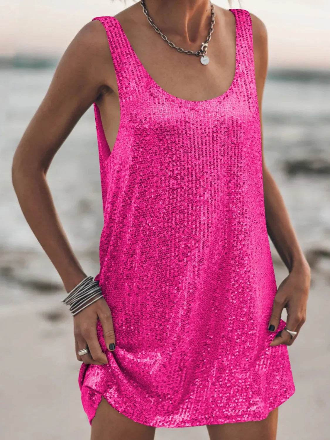 Sequin Scoop Neck Mini Dress Hot Pink OutfitFlow
