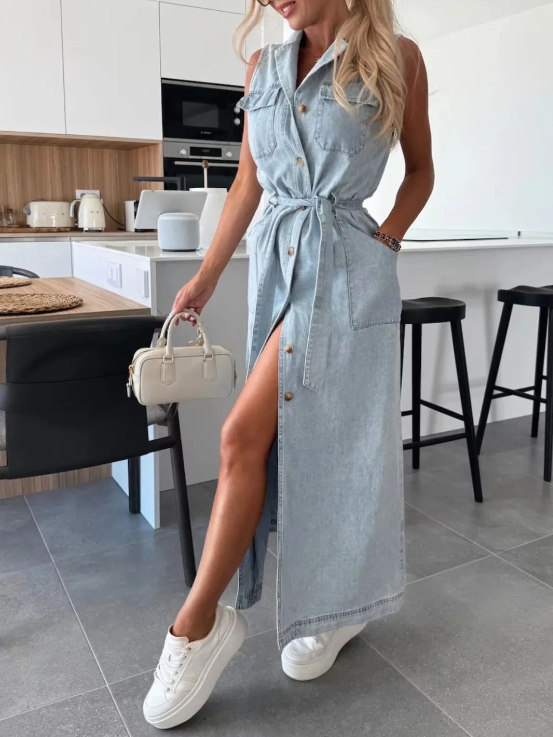 Button Front Sleeveless Denim Dress Light Blue OutfitFlow