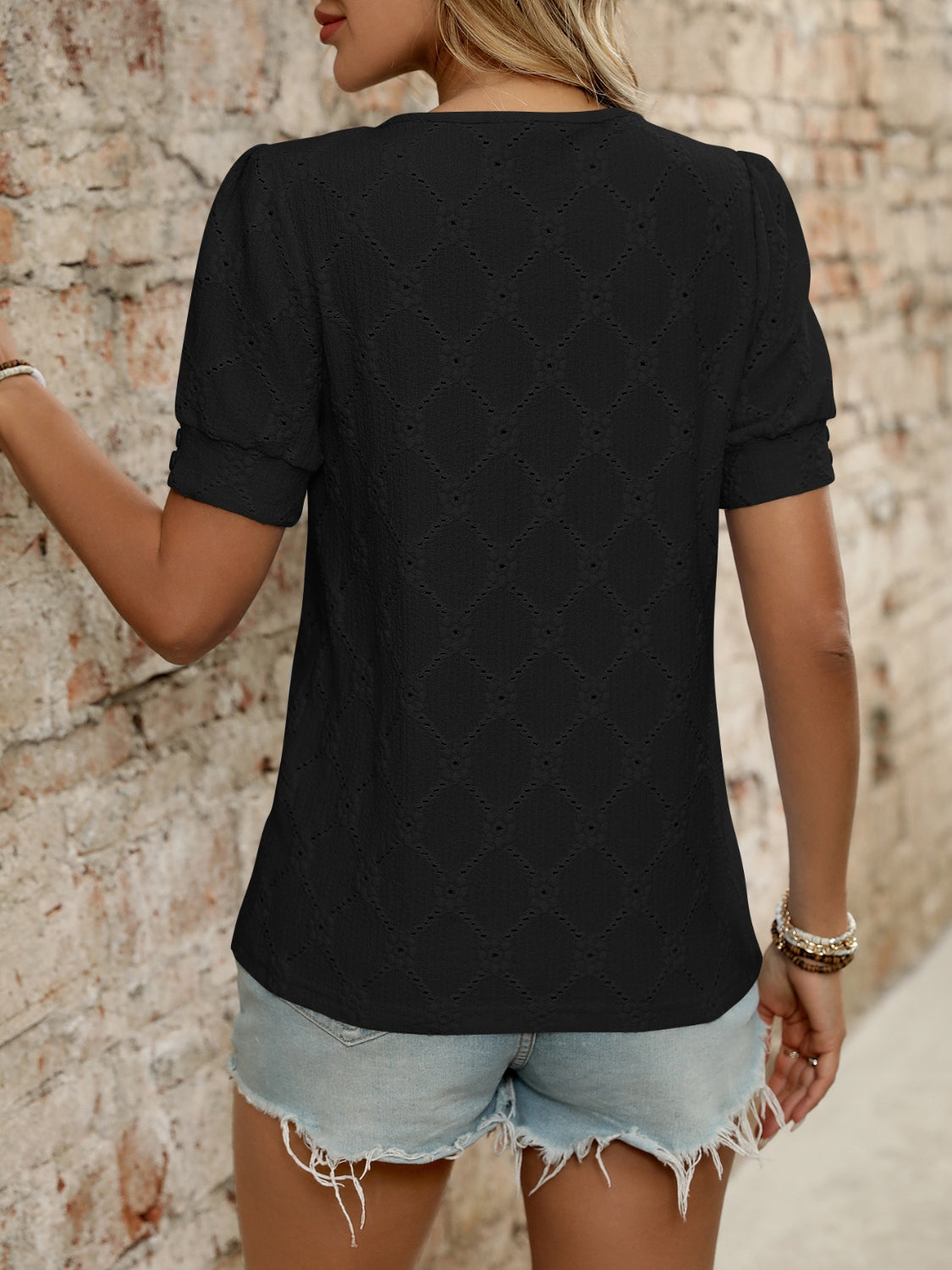Eyelet Round Neck Short Sleeve Top OutfitFlow