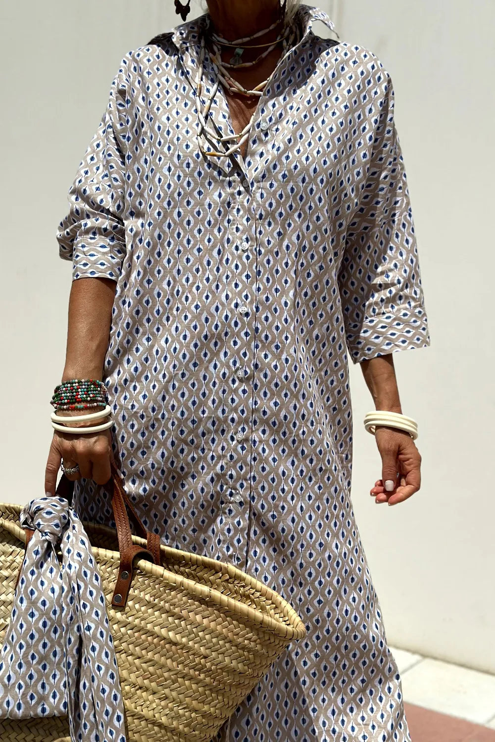 Tied Button Up Three-Quarter Sleeve Dress OutfitFlow