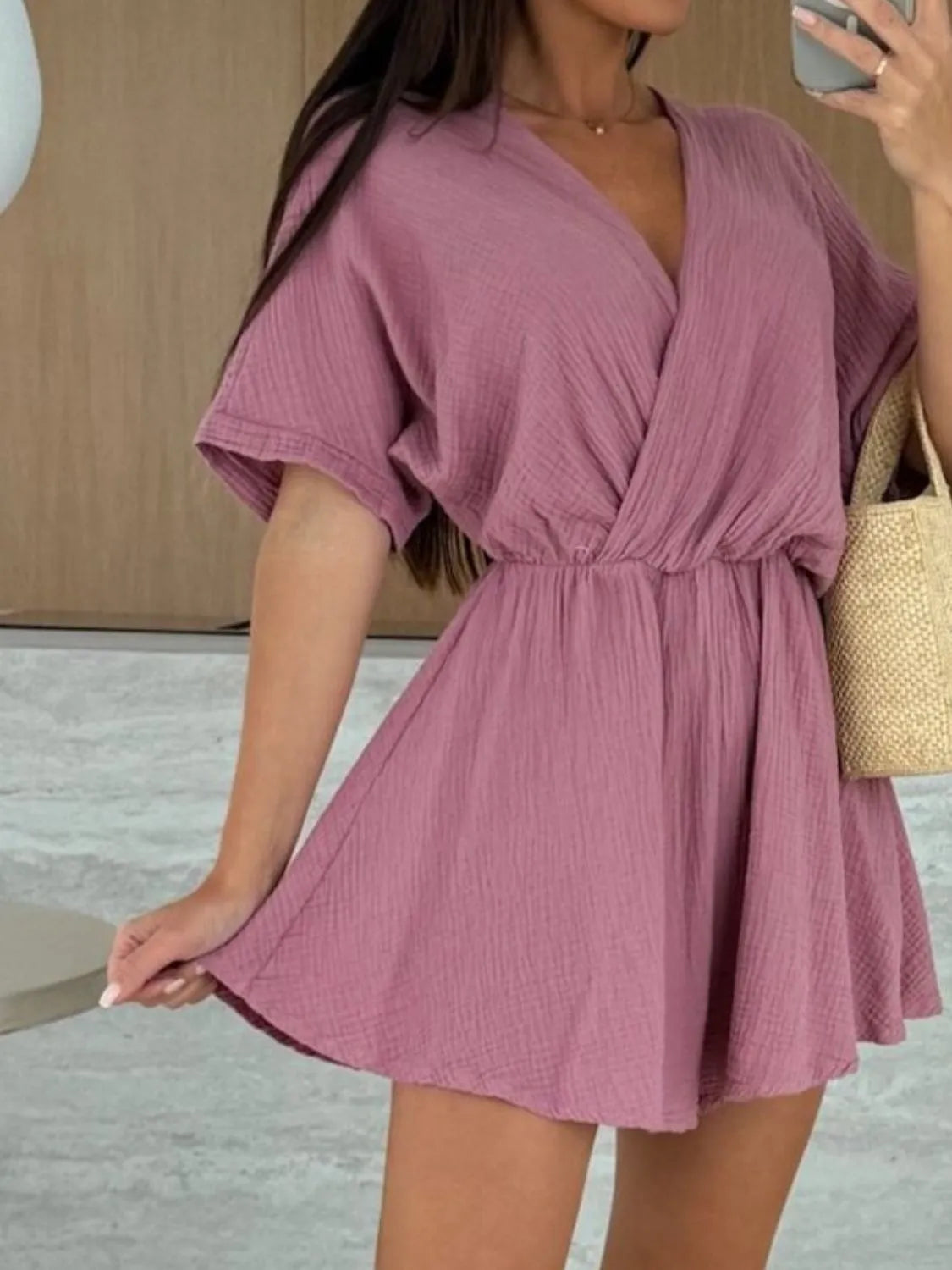 Surplice Half Sleeve Wrap Romper OutfitFlow