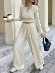 Long Sleeve Crop Top and Wide Leg Pants Set OutfitFlow