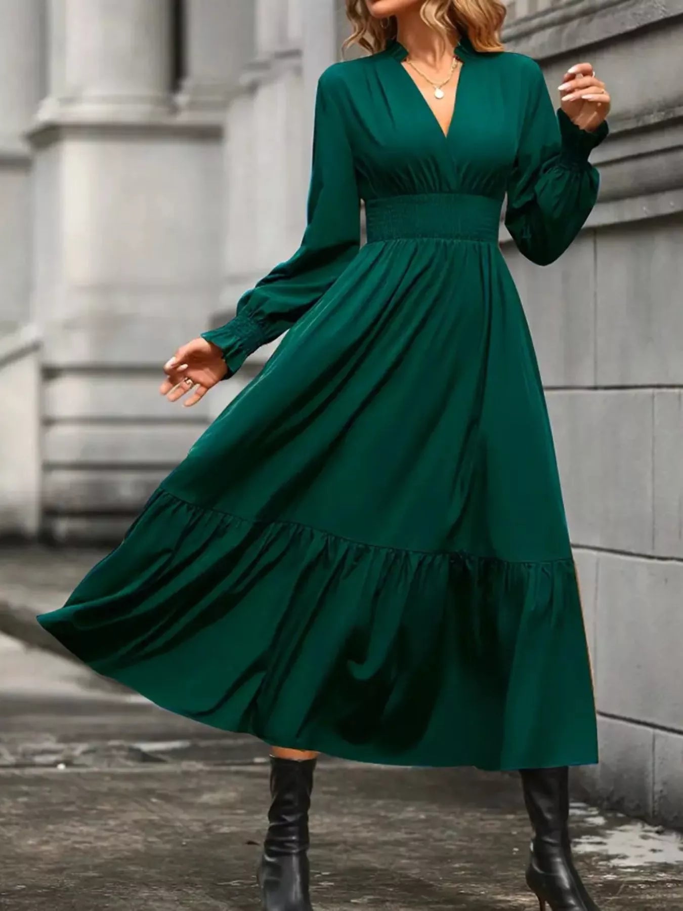 Surplice Long Sleeve Tiered Midi Dress OutfitFlow