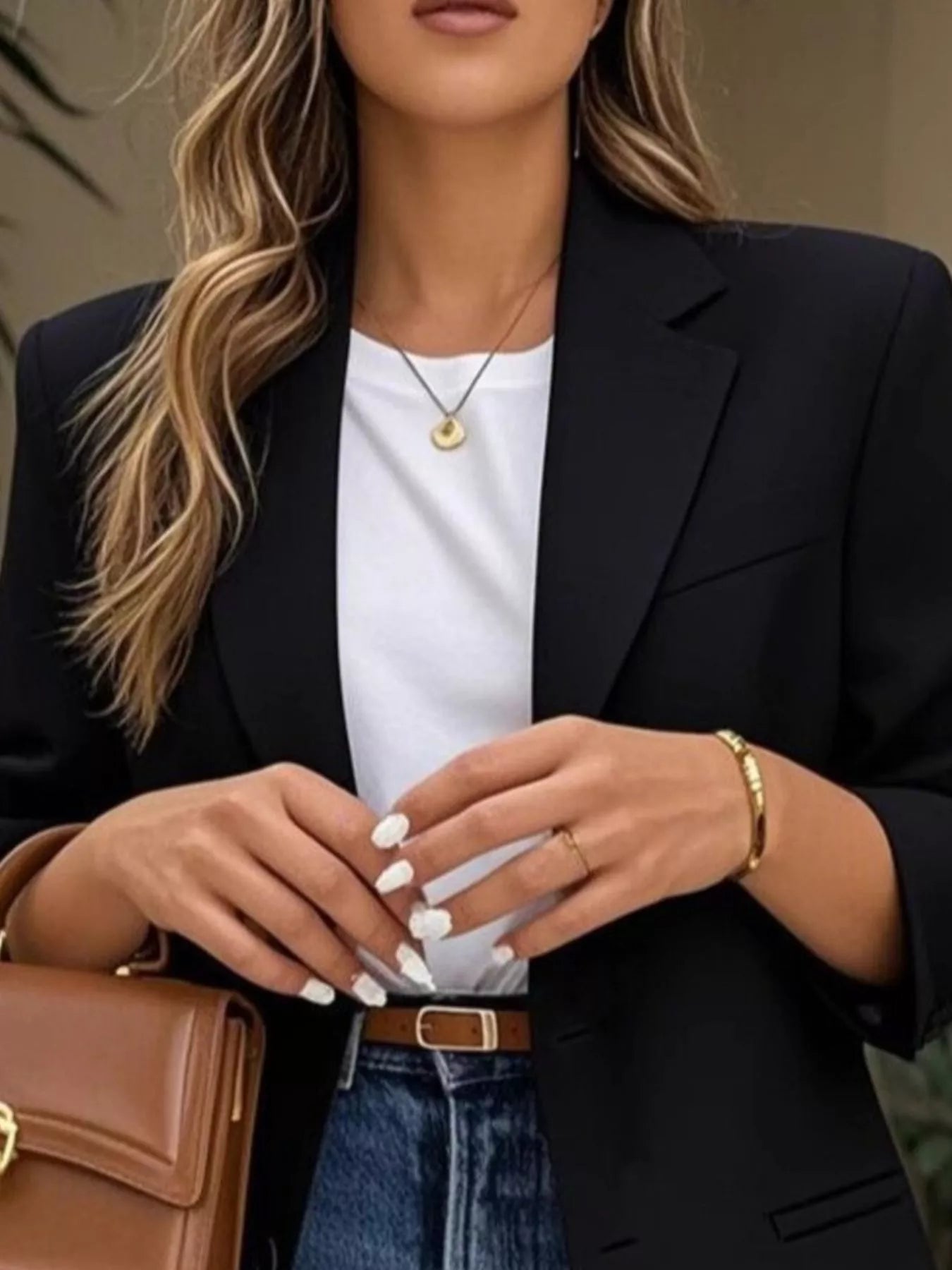 Lapel Collar Long Sleeve Blazer OutfitFlow