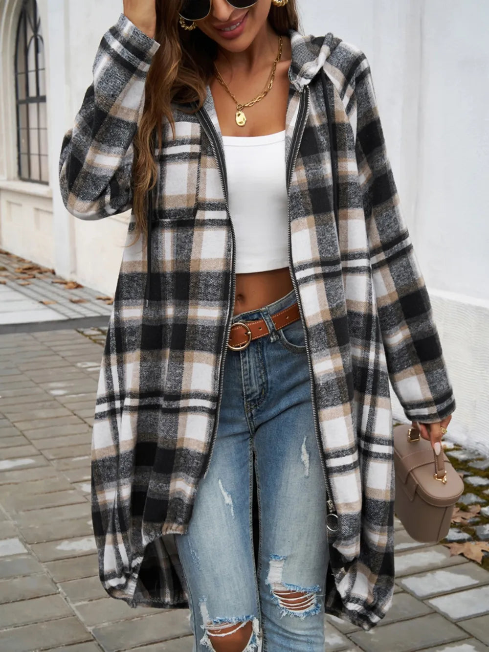 Devine Plaid Zip Up Hooded Coat Black Trendsi