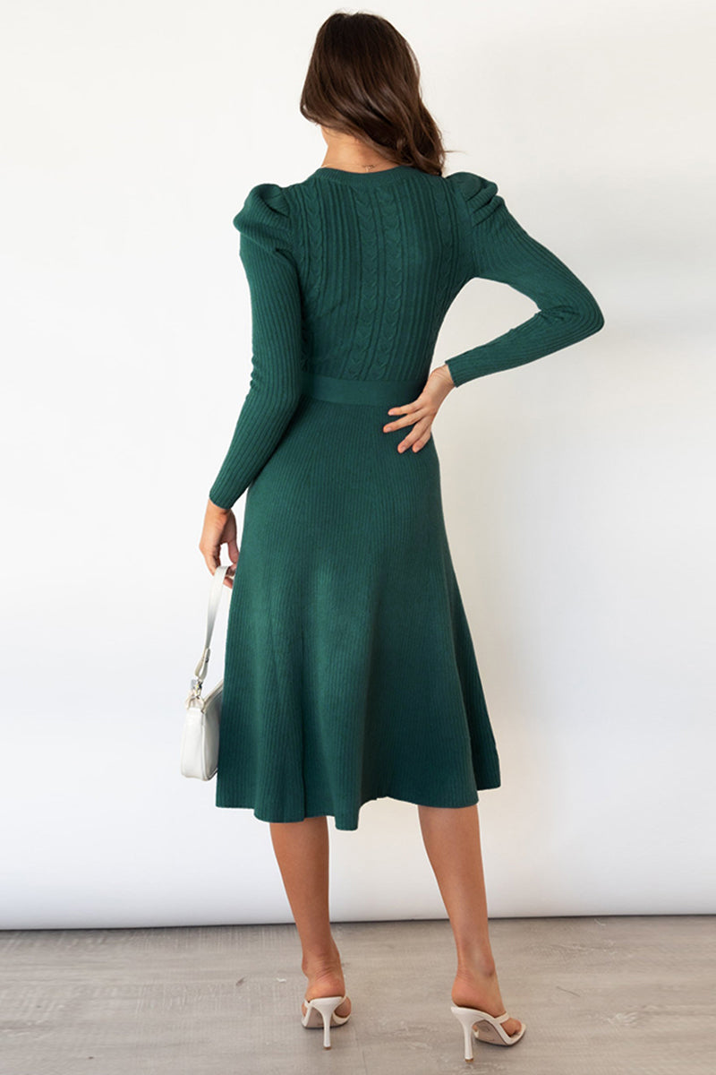 Outfit Flow - Round Neck Long Sleeve Tie Waist Sweater Dress