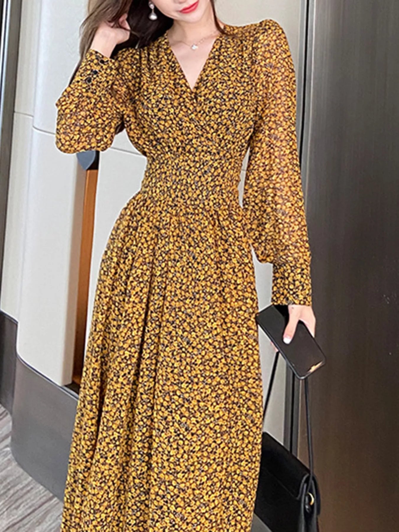 Floral Print Long Sleeve Dress OutfitFlow