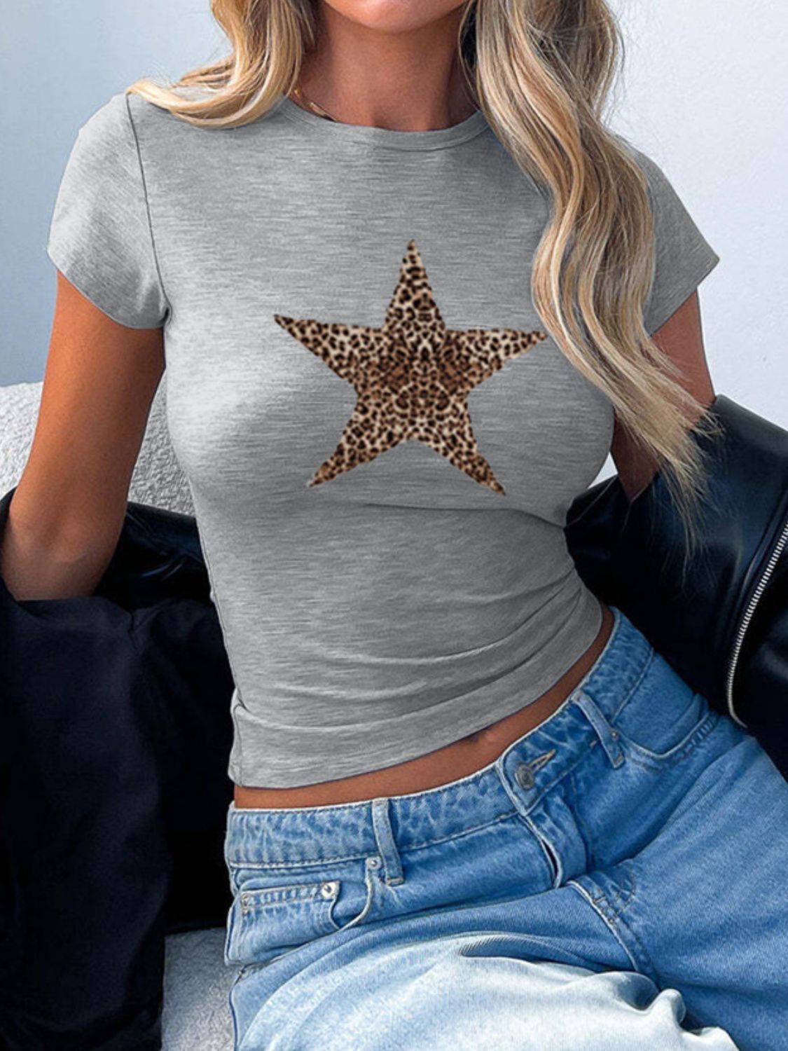 Devine Star Round Neck Short Sleeve T-Shirt Gray OutfitFlow