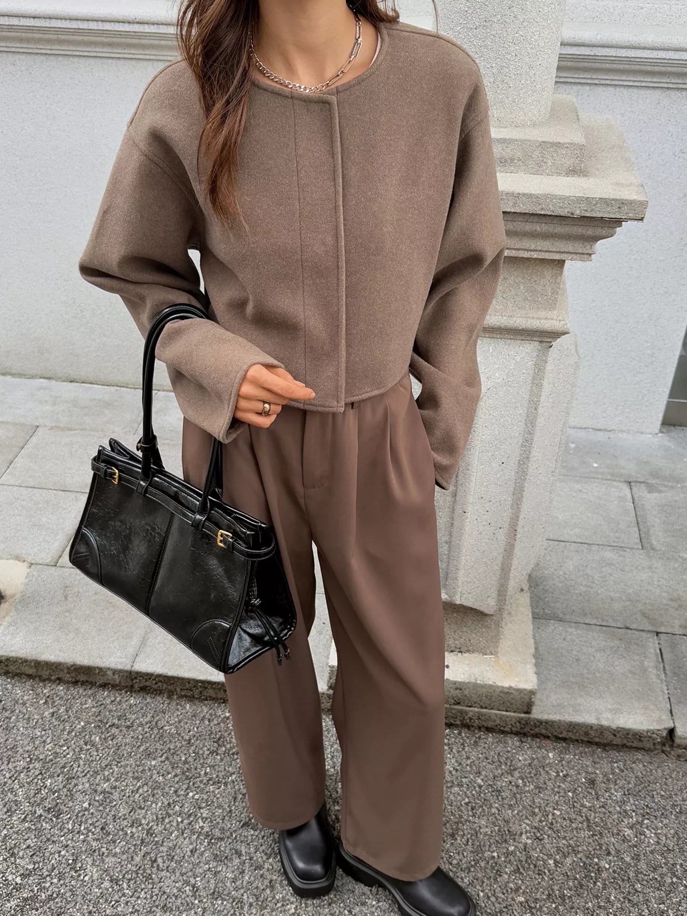 Button-Front Dropped Shoulder Cropped Jacket Trendsi