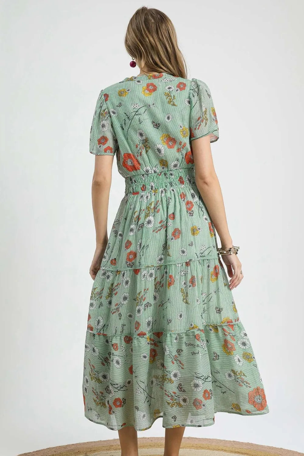Umgee Smocked Waist Floral Short Sleeve Midi Dress OutfitFlow