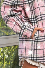 BiBi Allover Clear Sequins Vintage Plaid Jacket OutfitFlow