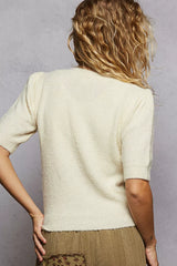 POL Round Neck Strawberry Patch Sweater with Shirring Shoulder OutfitFlow