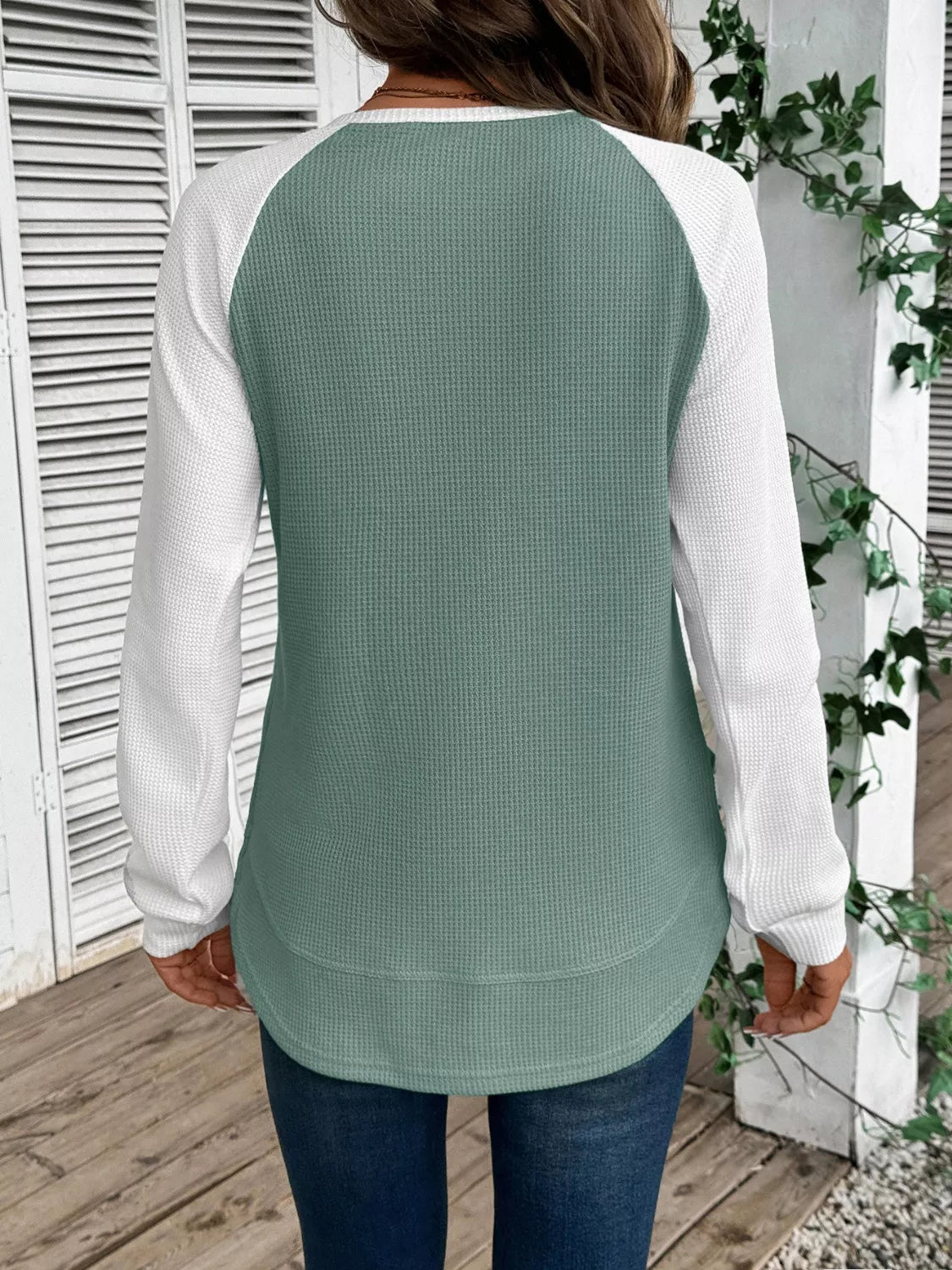 Waffle Knit Raglan Sleeve T-Shirt OutfitFlow