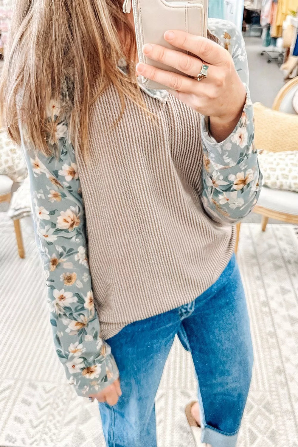 Floral Long Sleeve Round Neck Blouse Tan OutfitFlow