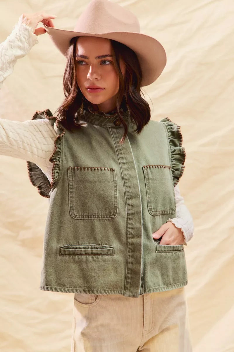 SO ME Washed Denim Stitch Ruffled Hidden Button Vest Top OutfitFlow