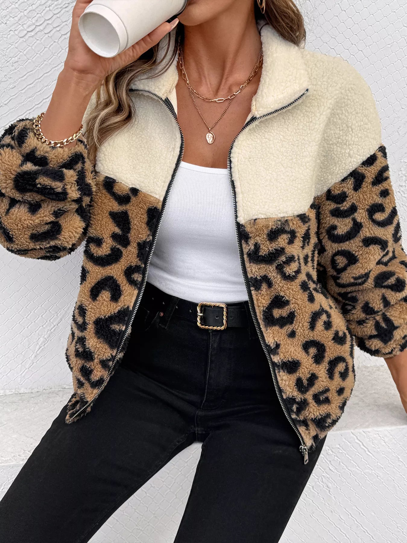 Leopard Zip Up Fleece Jacket OutfitFlow