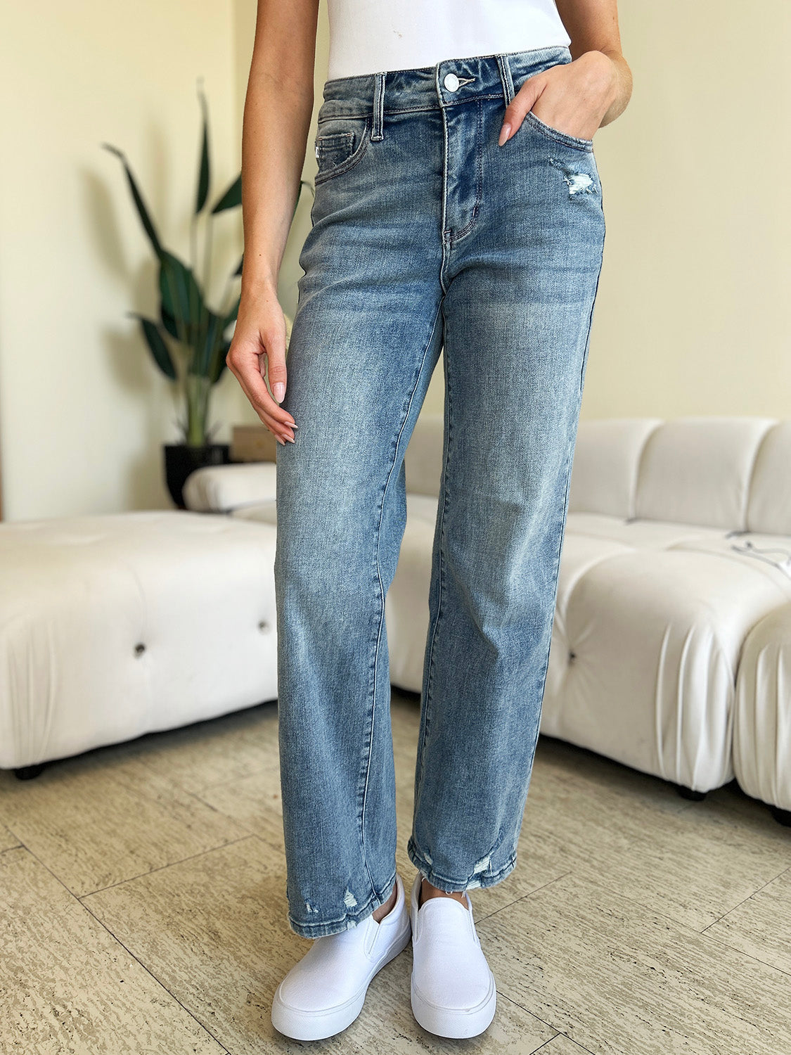 Judy Blue Full Size Mid Rise Distressed Straight Jeans OutfitFlow