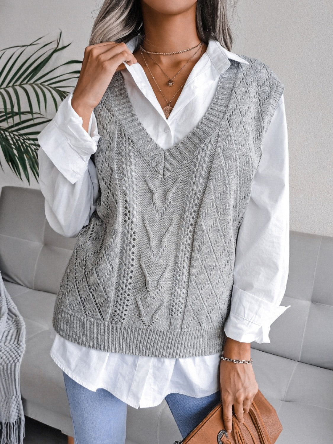 Outfit Flow - Openwork V-Neck Sweater Vest