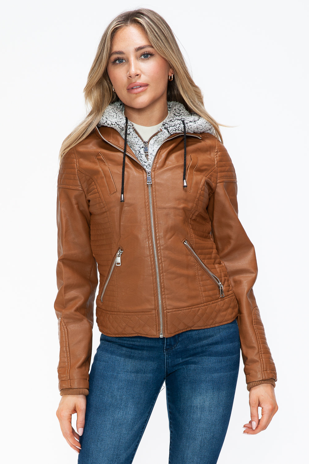 Outfit Flow - YMI Faux Layered Double-Zipper Jacket with Fuzzy Hood