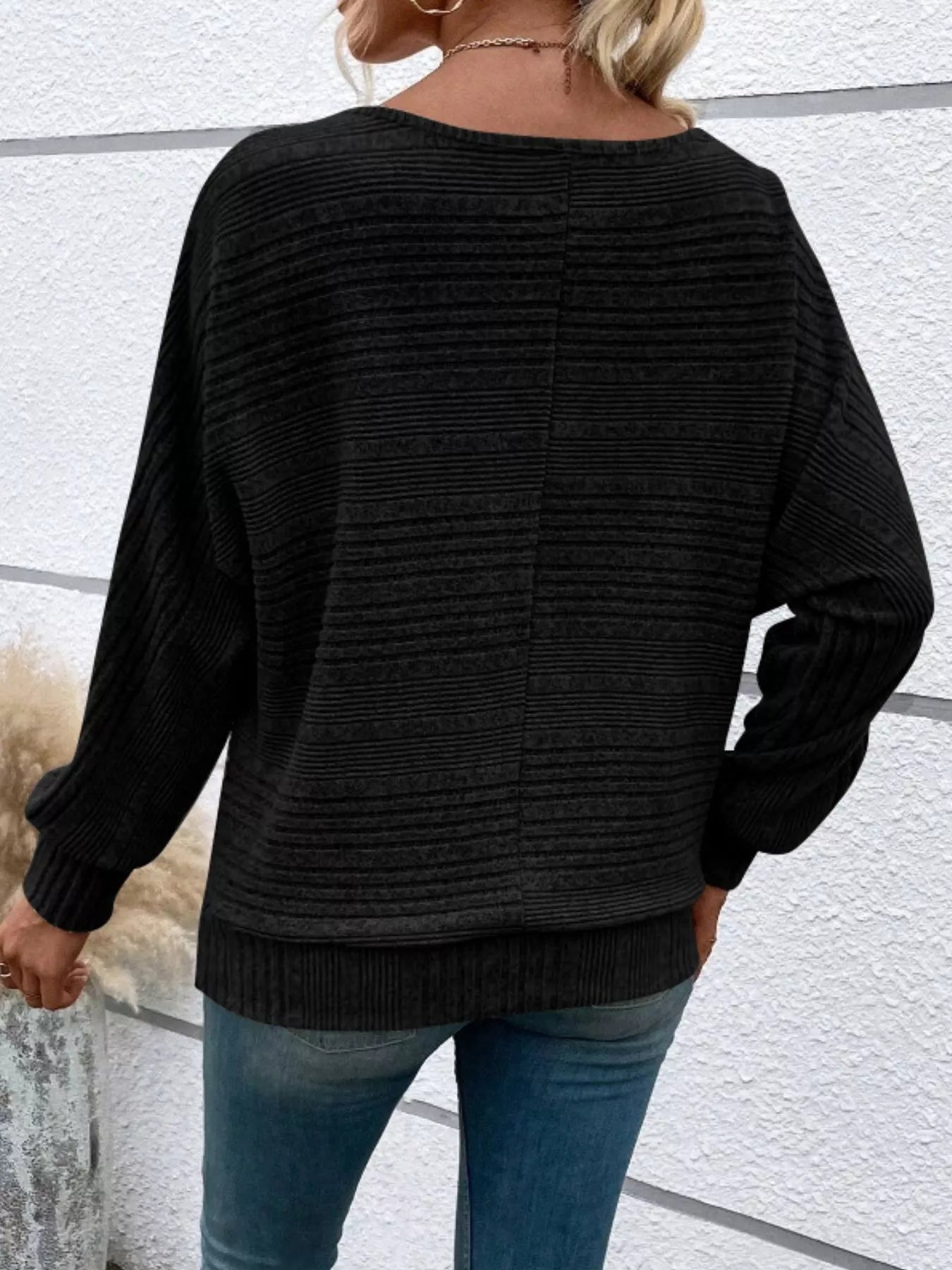 Ribbed Round Neck Long Sleeve Top OutfitFlow