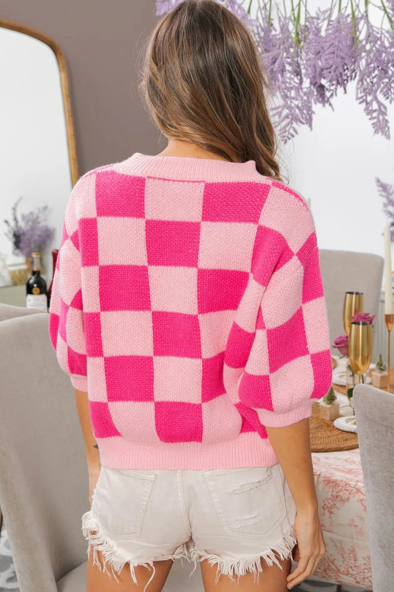 BiBi Check Pattern Short Puff Sleeve Sweater Top OutfitFlow