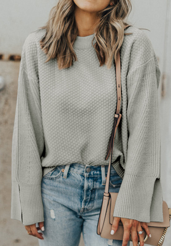 Outfit Flow - Slit Cuff Round Neck Long Sleeve Sweater