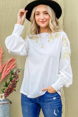 And The Why Flower Gold Embroidery Shoulder Detailed Top OutfitFlow