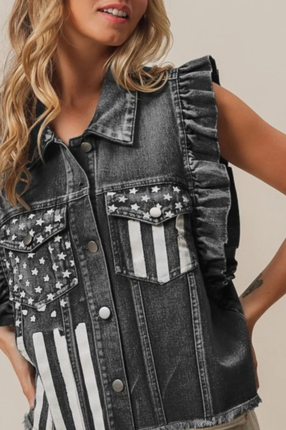 BiBi American Flag Washed Denim Jacket OutfitFlow