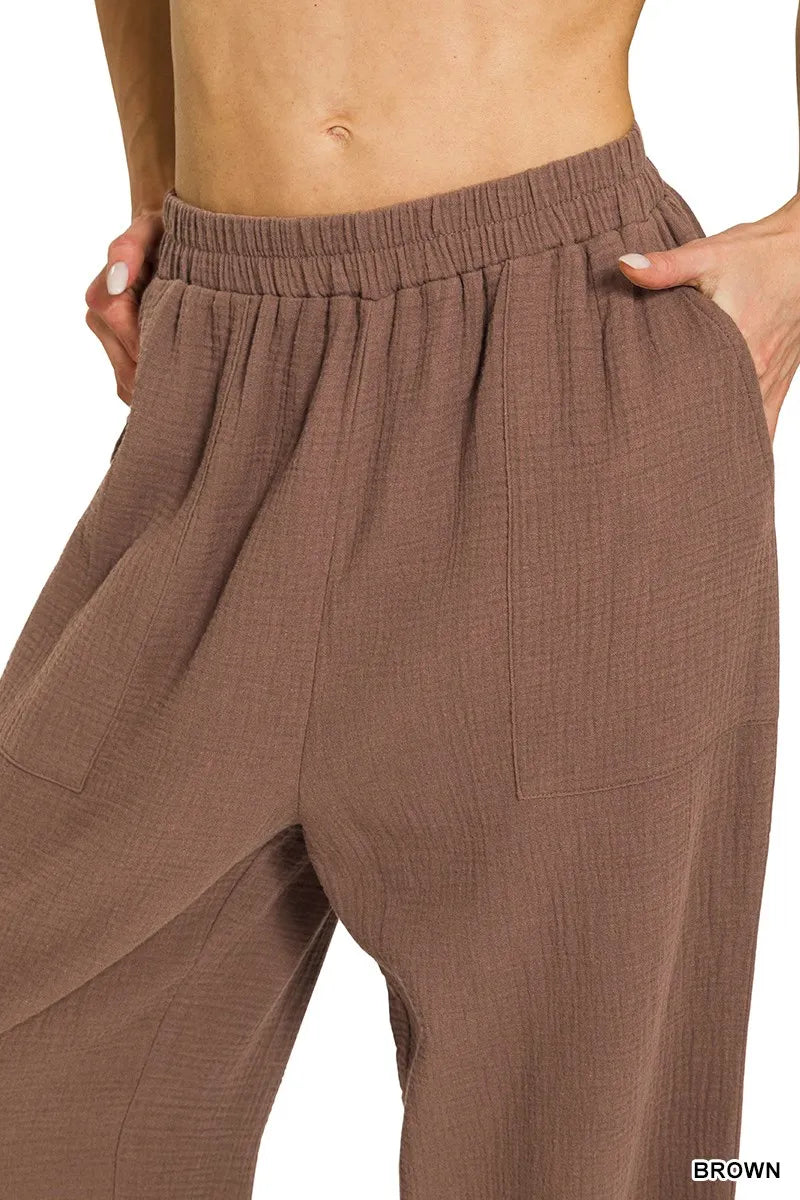 Zenana Double Gauze Elastic Band Pants Trendsi