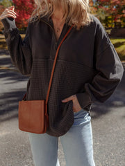 Waffle Knit Patchwork Half Zipped Casual Sweatshirt OutfitFlow