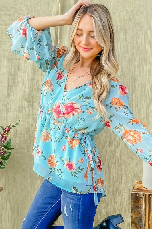 And The Why Floral Print Draw String Bell Sleeve Top OutfitFlow