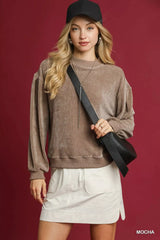 Umgee Velour Crewneck Balloon Sleeve Sweatshirt OutfitFlow