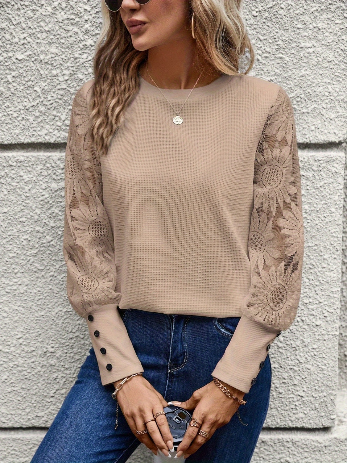 Outfit Flow - Round Neck Lace Long Sleeve Top